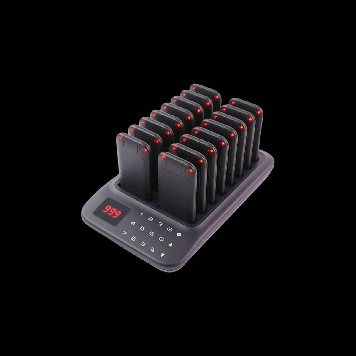 E1010 self-service buzzer set with eight numbered guest units and charging base