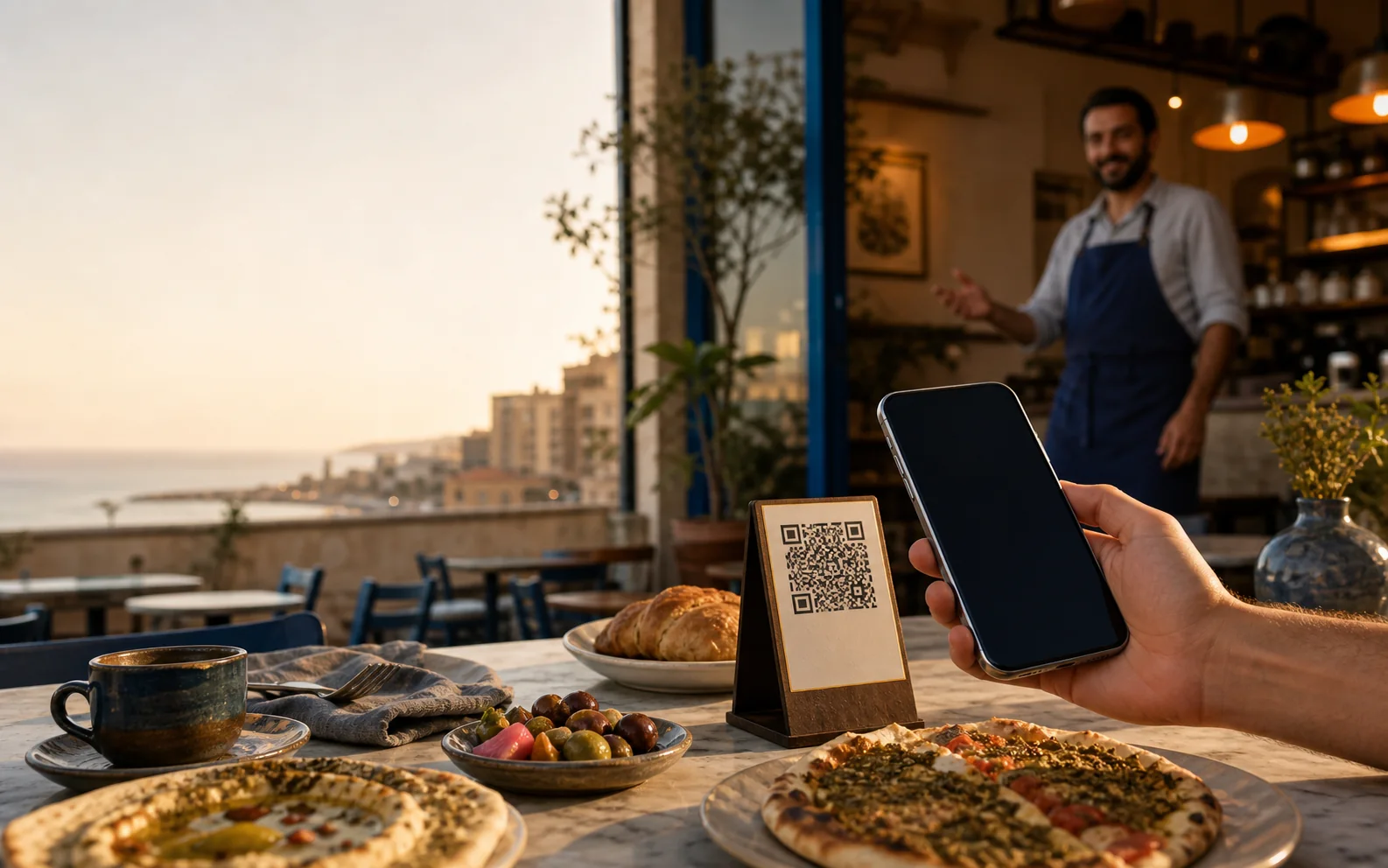 A guest preparing to scan a QR menu at a Lebanese café while the restaurant owner welcomes them