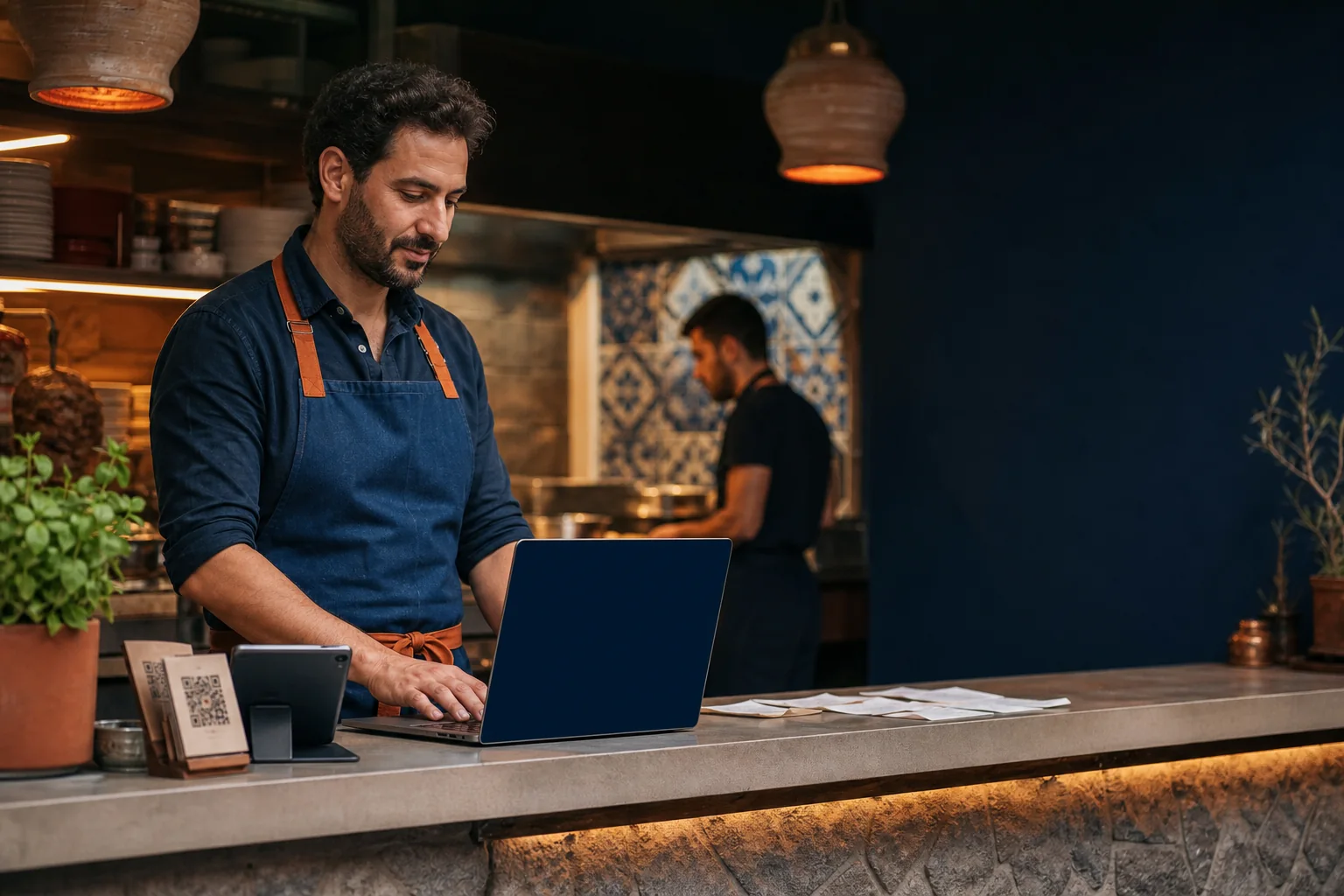 A Lebanese restaurant owner using a laptop behind the service counter